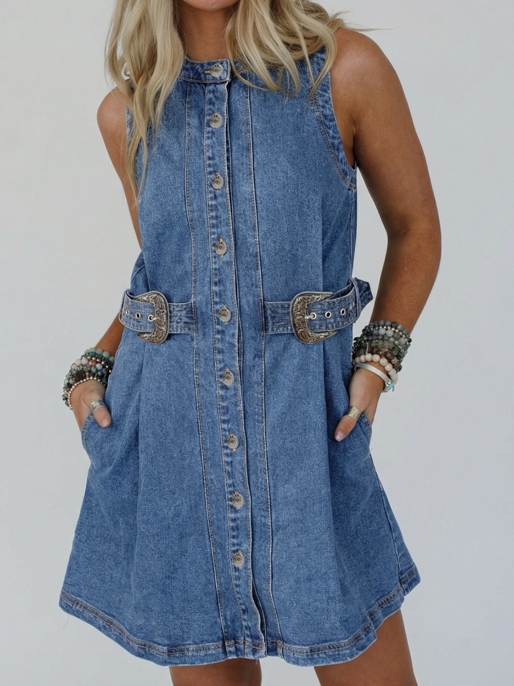 🩵Hello Gorgeous! Western Belt Button Down Sleeveless Denim Mini Dress - Picture 4 of 11